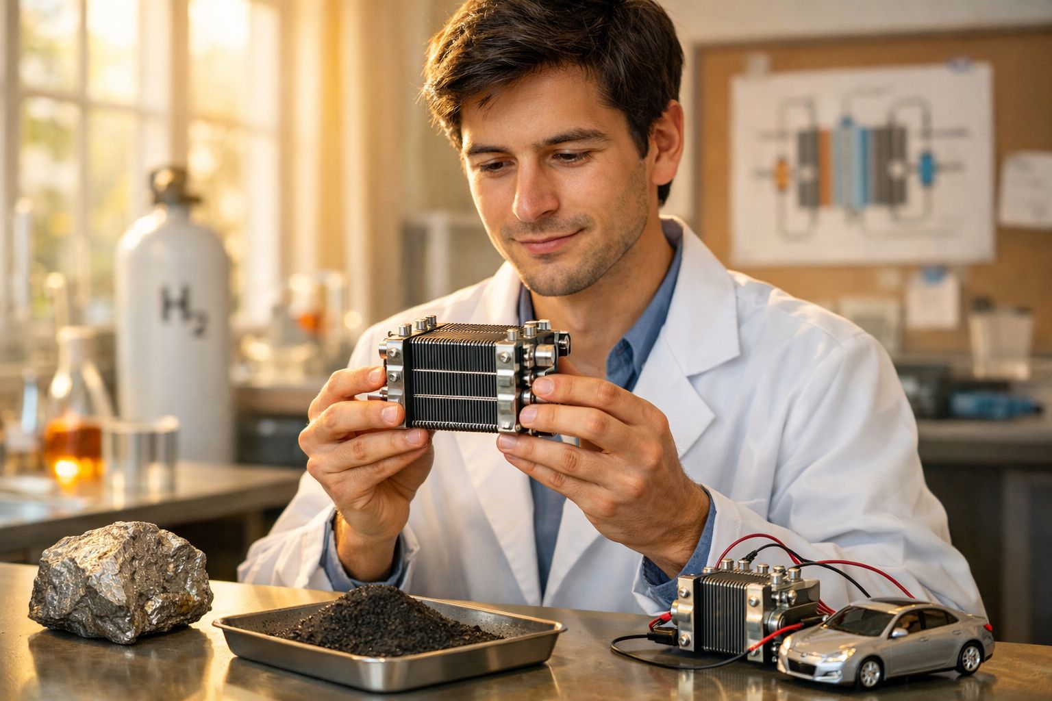 Cientista em laboratório a analisar célula de combustível, com amostra de minério e equipamento elétrico.