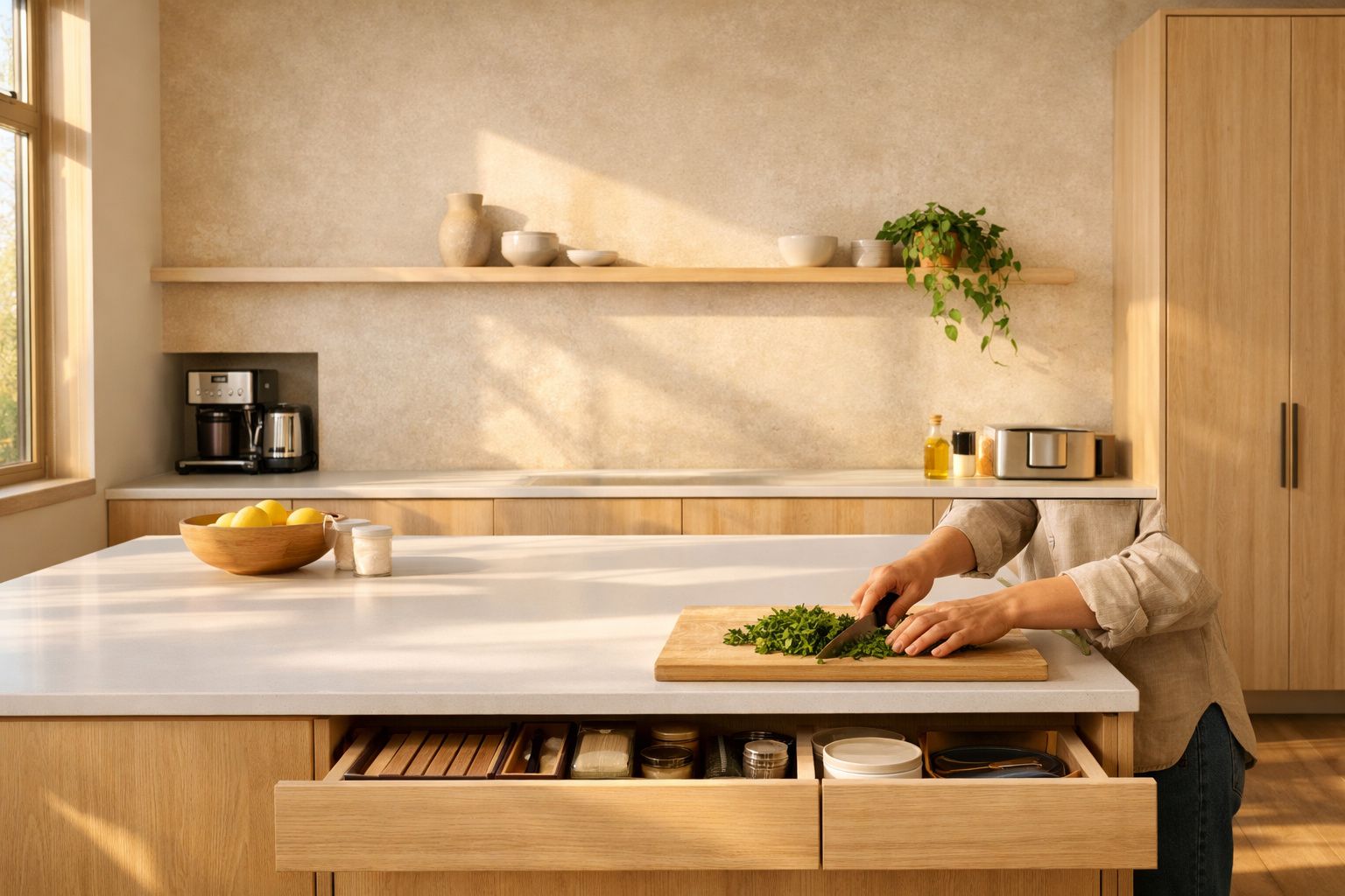 Cozinha moderna com bancada branca e armários de madeira, mãos a cortar ervas numa tábua de madeira.