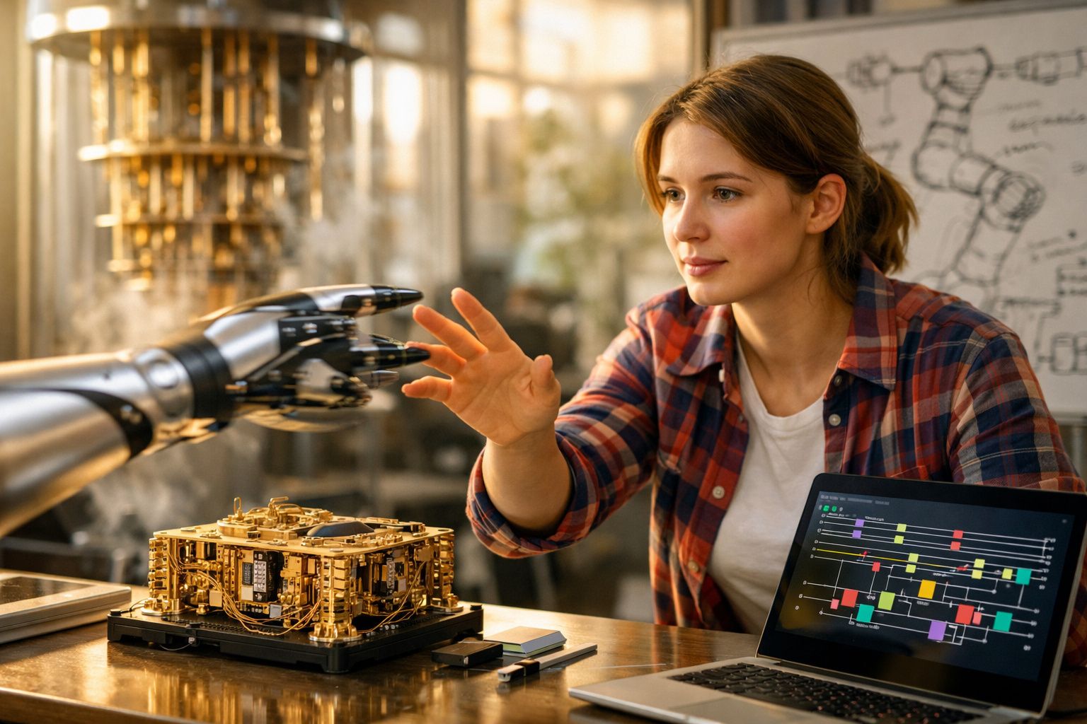 Mulher jovem interage com mão robótica em ambiente de laboratório tecnológico com computador ao lado.