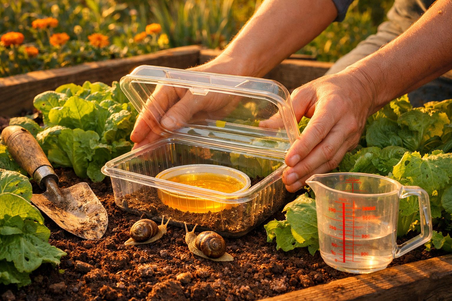 Mãos a colocar armadilha caseira para caracóis em jardim com alfaces e ferramenta de jardinagem.