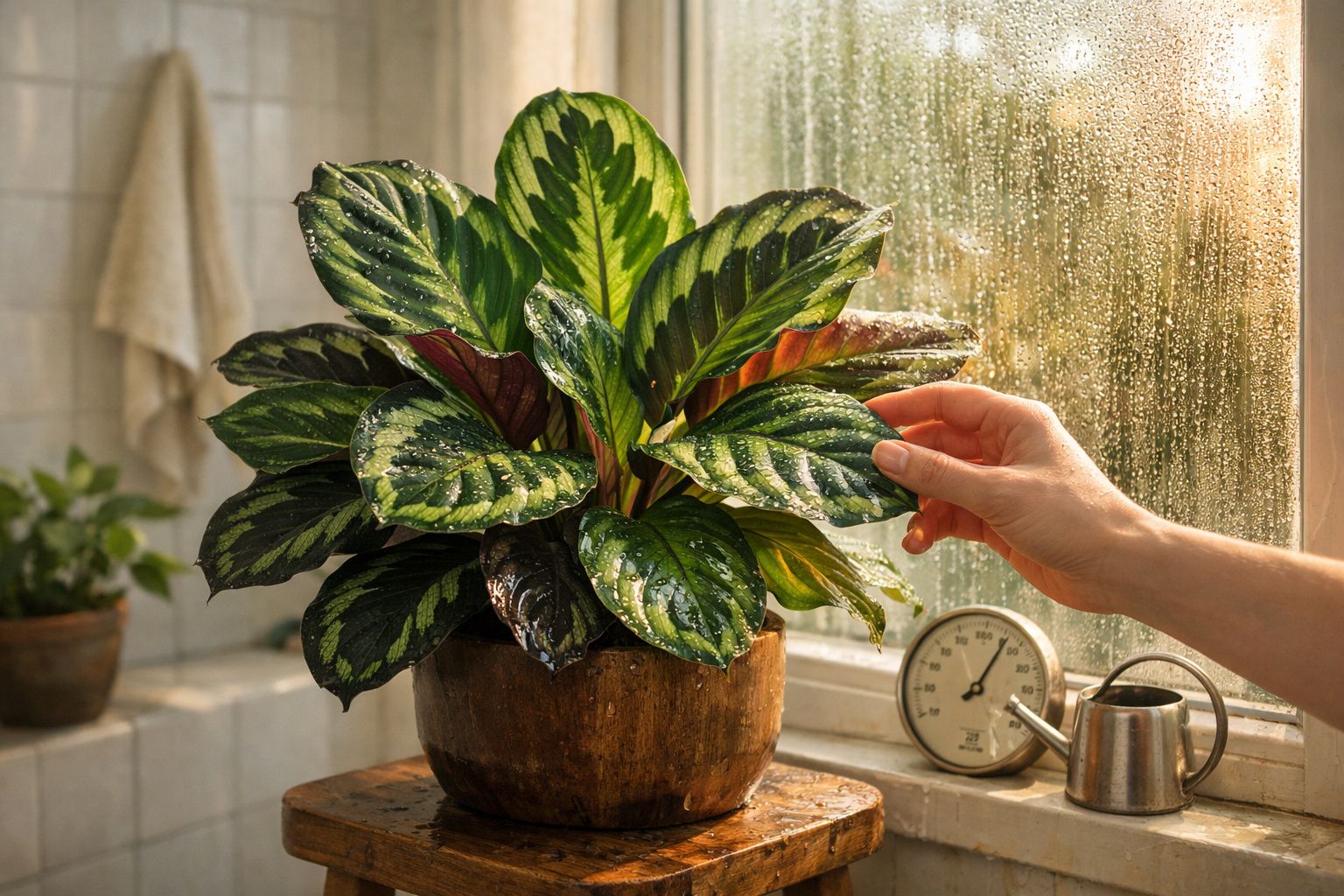 Planta verde com folhas grandes num vaso junto a uma janela com gotas de água e uma mão a tocar uma folha.
