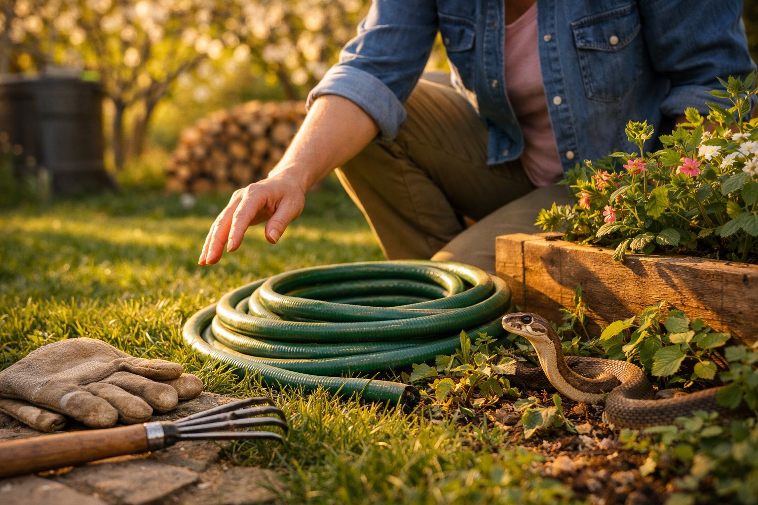 Pessoa a tentar apanhar uma cobra perto de mangueira no jardim com luvas e regador por perto.