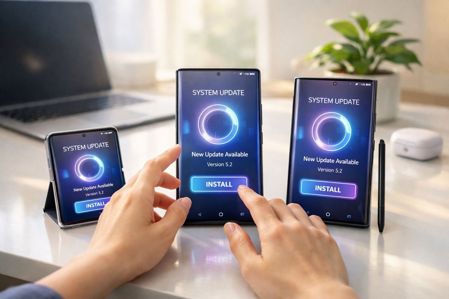 Telemóveis em diferentes formatos numa mesa, com atualização de sistema disponível para instalar.