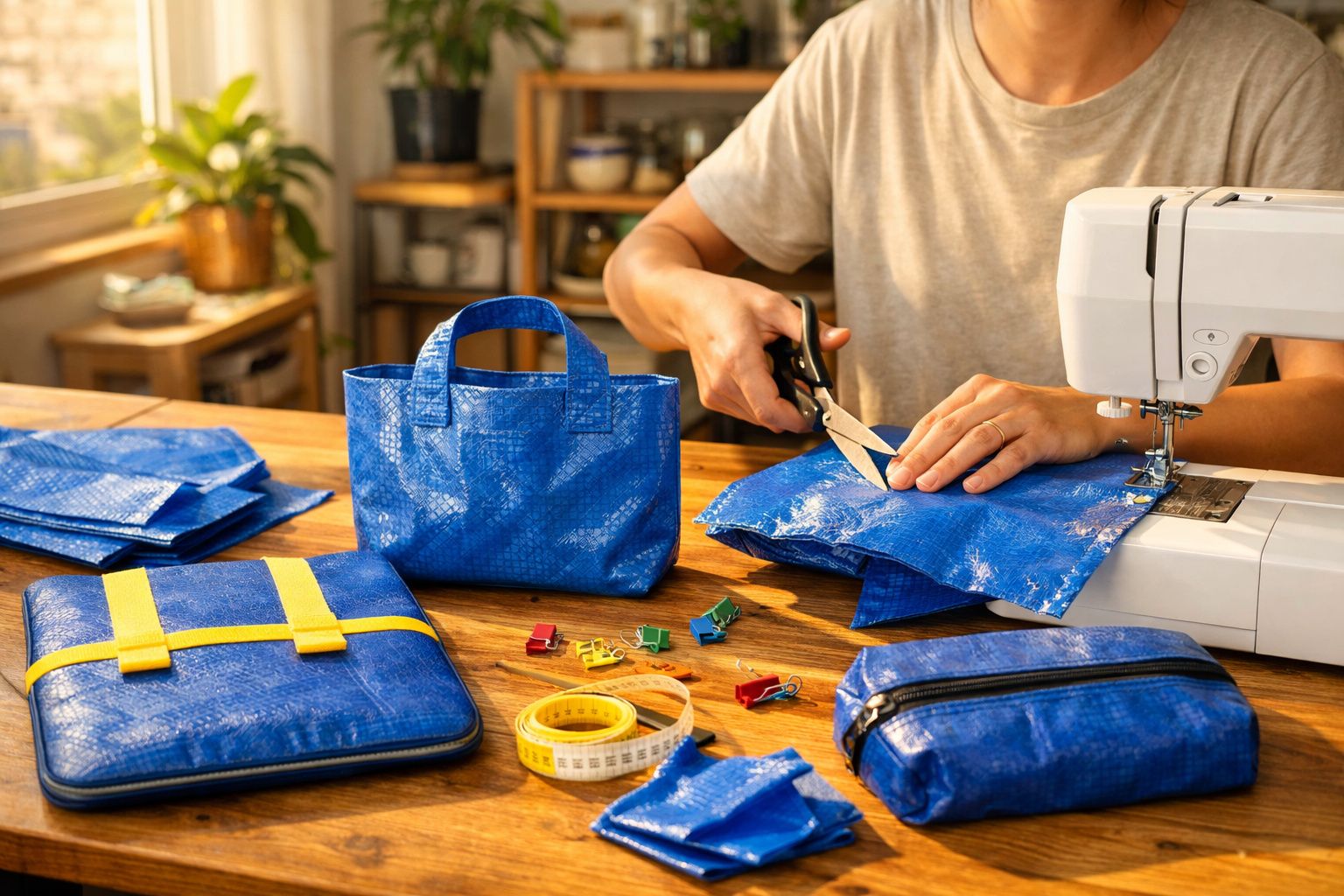 Pessoa a cortar tecido azul junto a máquina de costura, com acessórios e bolsas azuis sobre a mesa de madeira.
