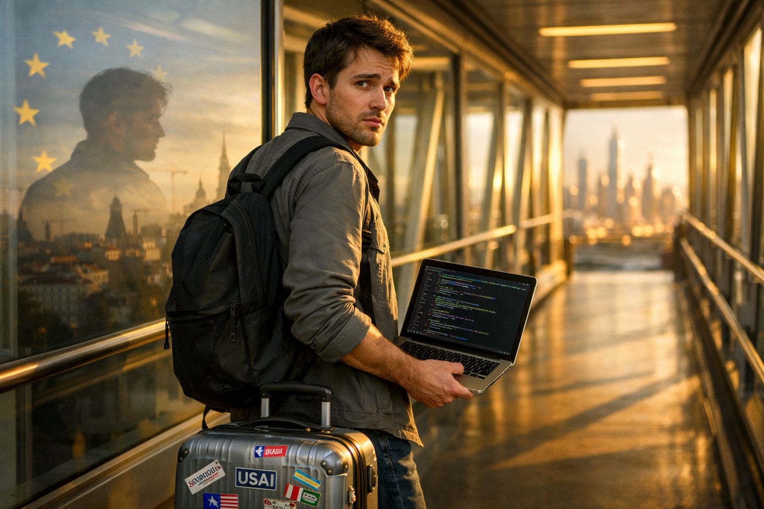 Homem com mochila e mala, a segurar um portátil com código, numa ponte envidraçada ao pôr do sol.