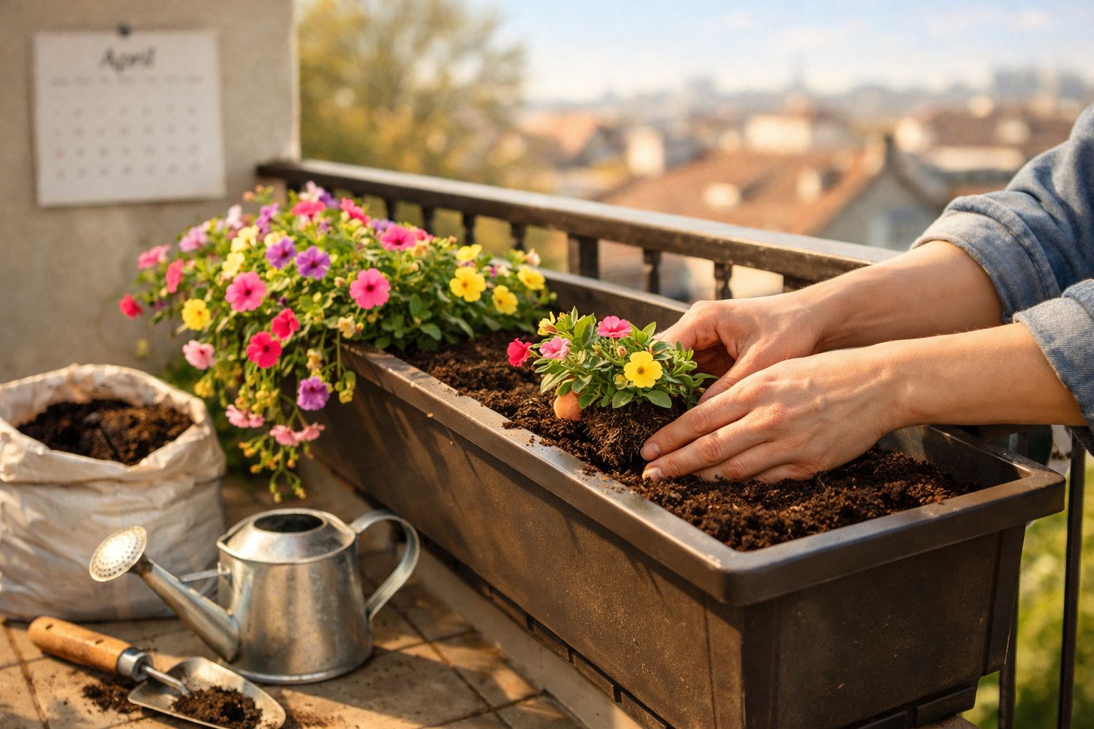 Mãos a plantar flores coloridas numa varanda com regador, terra e saco de terra ao lado.