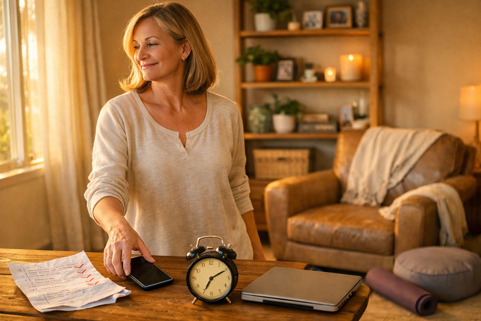 Mulher sorridente a usar telemóvel numa sala acolhedora com relógio, papéis e laptop numa mesa de madeira.