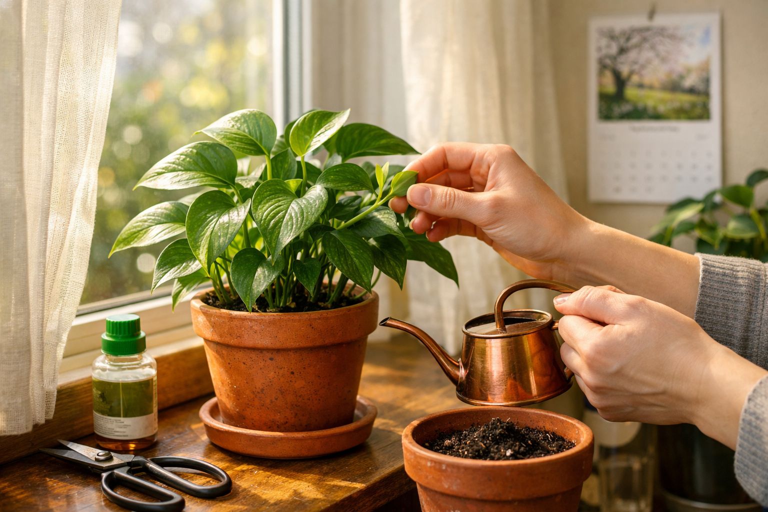 Mãos cuidam de planta em vaso de barro junto a janela com regador de cobre em cima de mesa de madeira.