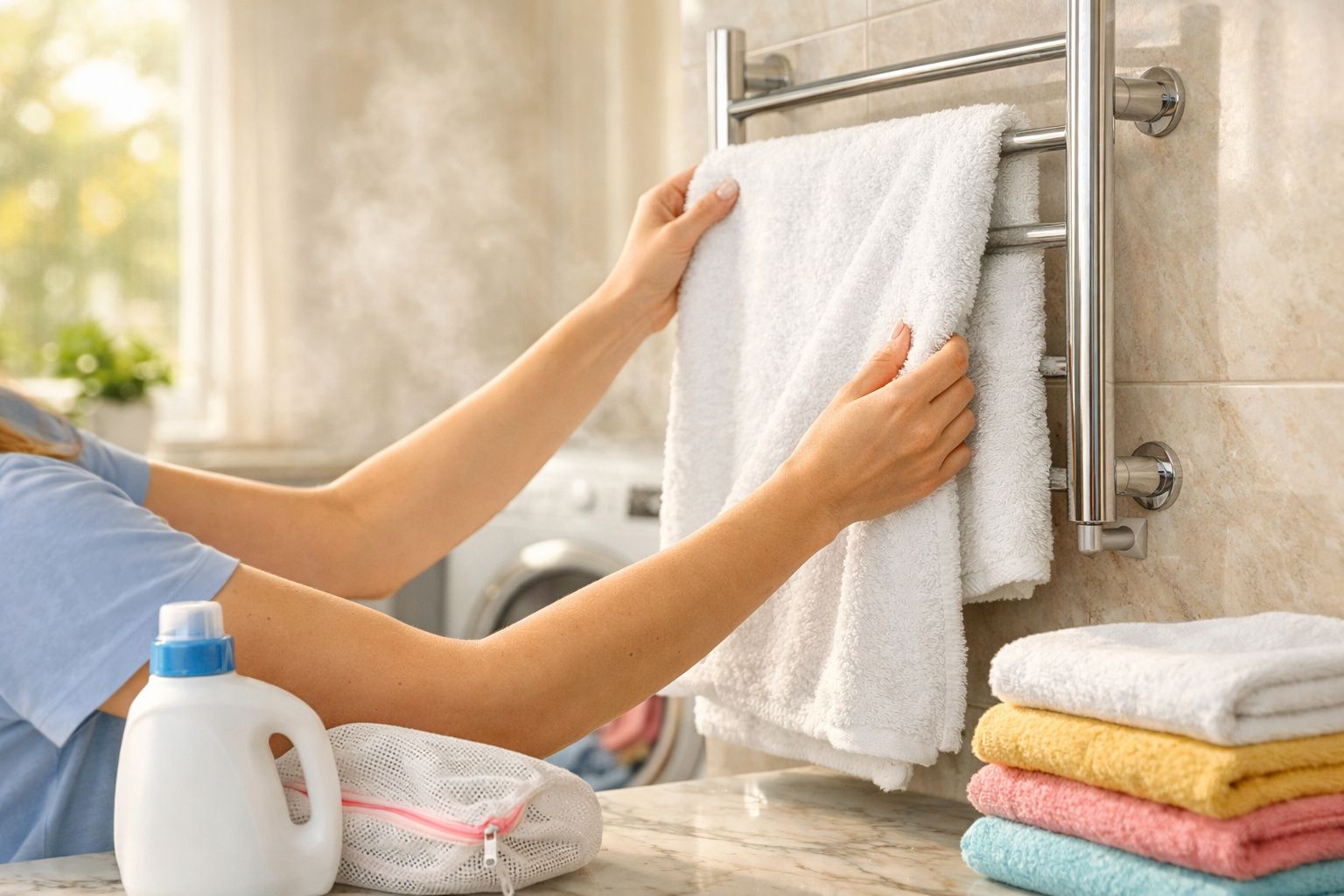 Pessoa a pendurar toalha branca num toalheiro aquecido numa casa de banho moderna.