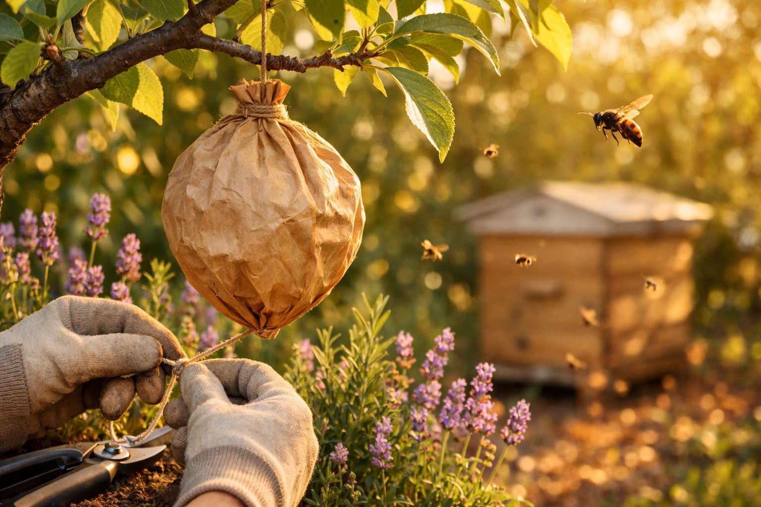 Mãos com luvas a pendurar armadilha de papel numa árvore, abelhas voando perto de flores e caixa de colmeia ao fundo.