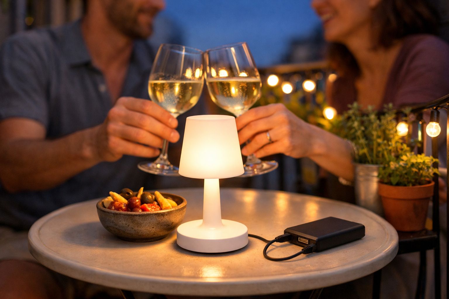 Casal a brindar com copos de vinho branco numa mesa com luz ambiente, petiscos e plantas decorativas.