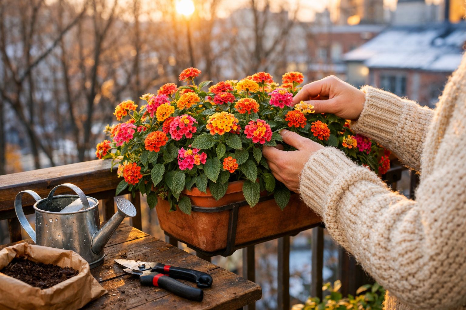 Pessoa a cuidar de flores coloridas num vaso no corrimão de uma varanda ao pôr do sol.