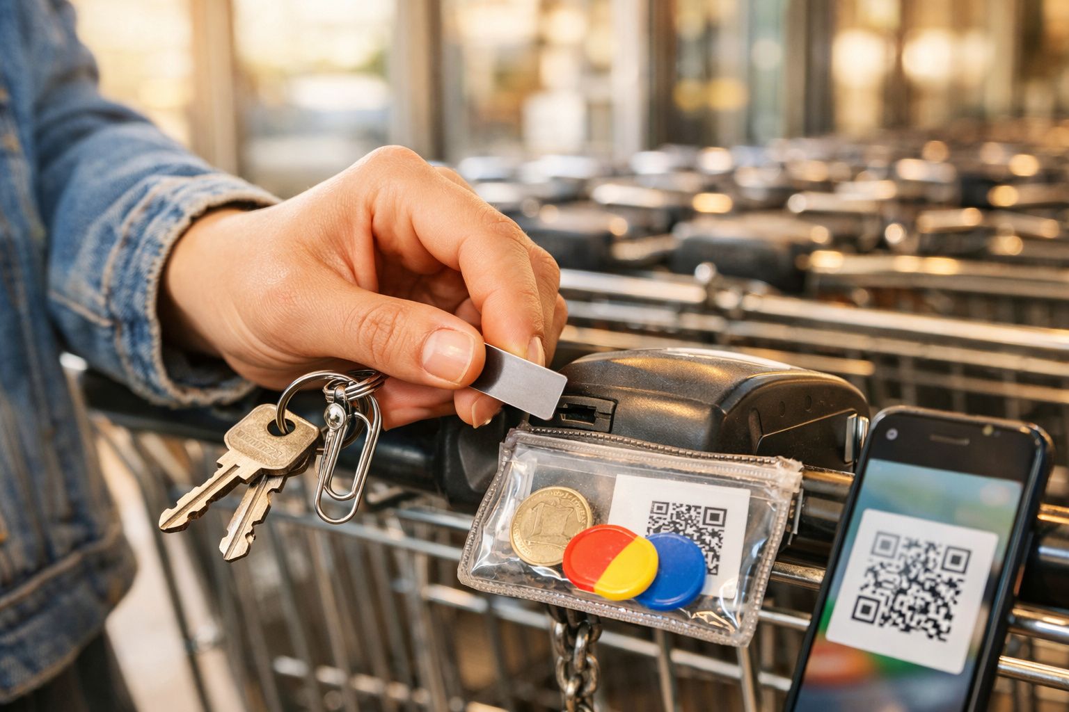 Pessoa inserindo chave numa slot de carrinho de supermercado para libertar o carrinho, com moedas, fichas e telemóvel com QR 