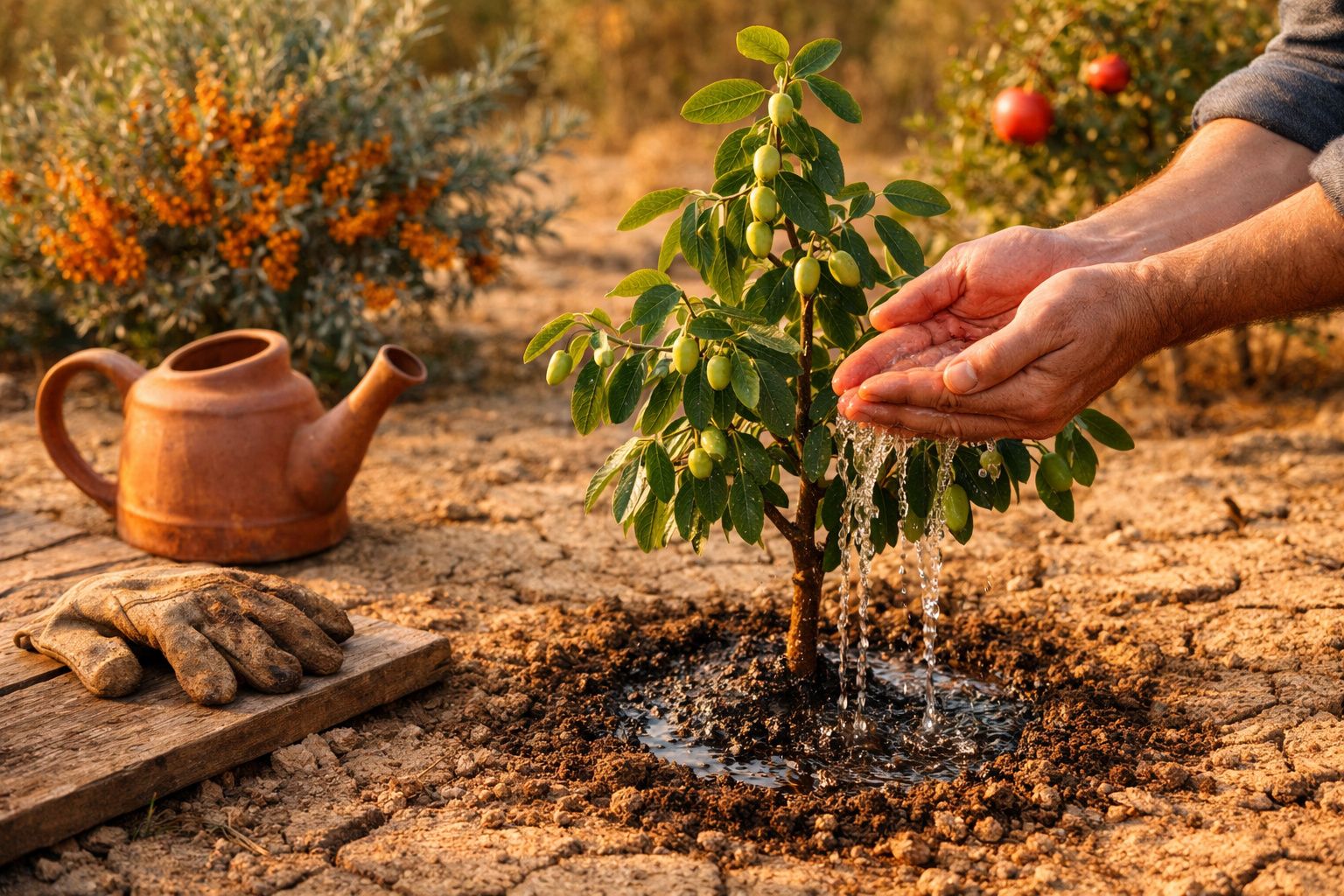 Mãos a regar uma pequena árvore com frutos verdes, perto de uma regadora e luvas de jardinagem.