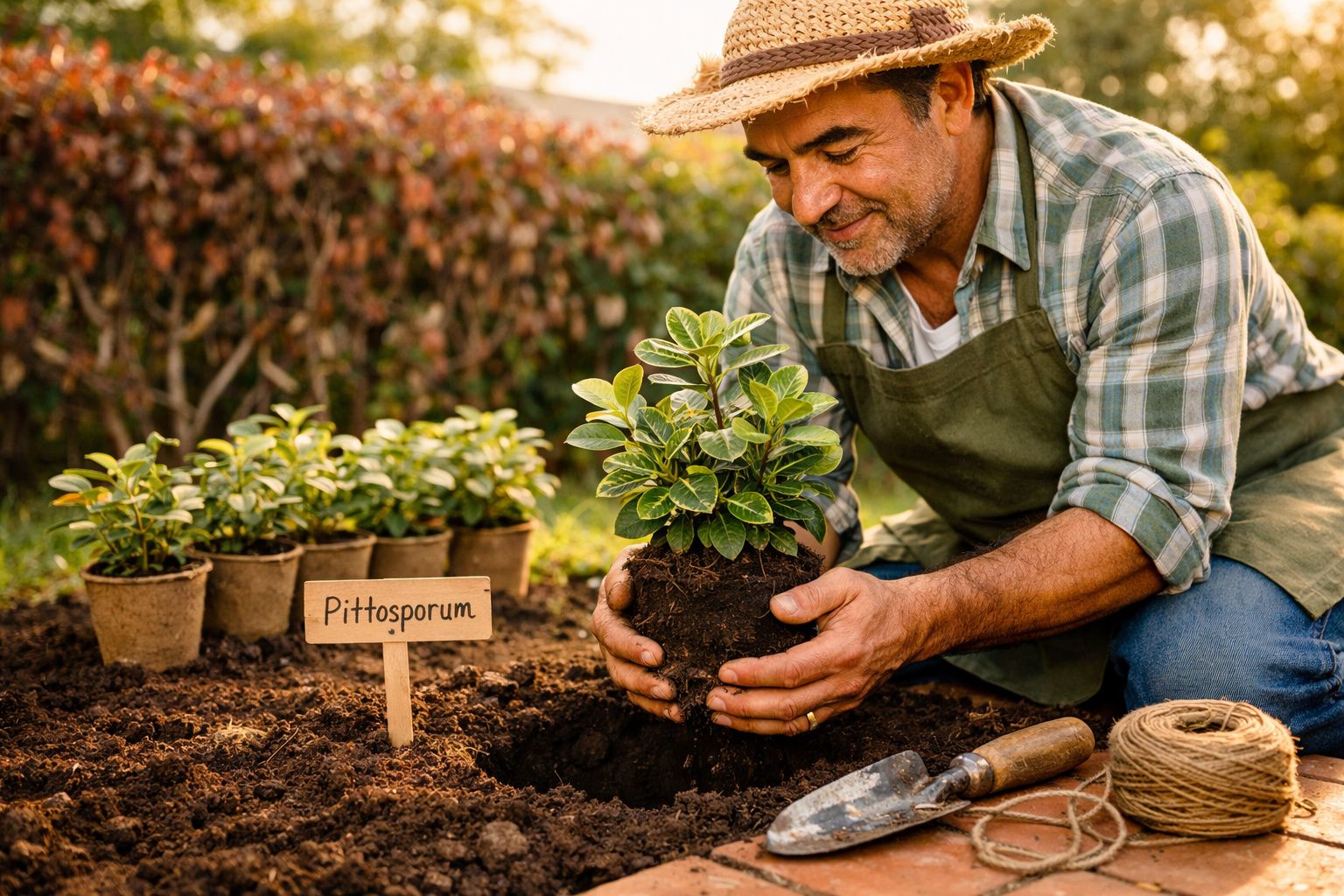 Homem a plantar uma planta Pittosporum num jardim com ferramentas de jardim à volta.