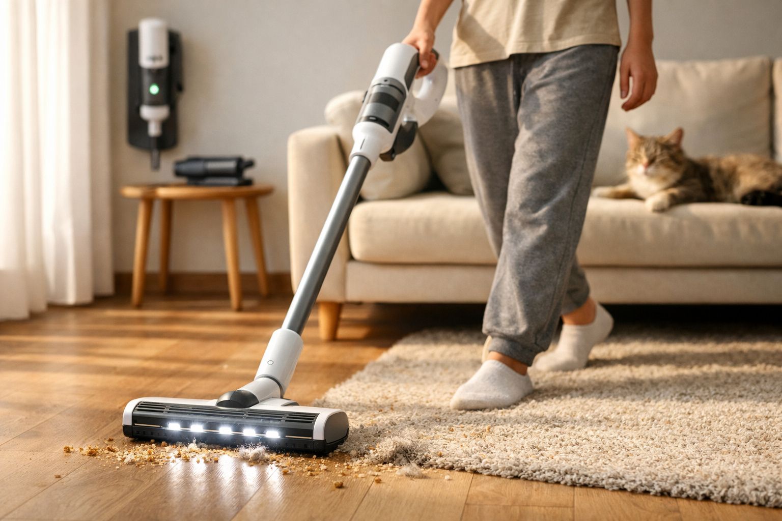 Pessoa a aspirar sujidade no chão de madeira junto a tapete, com gato sentado no sofá ao fundo.