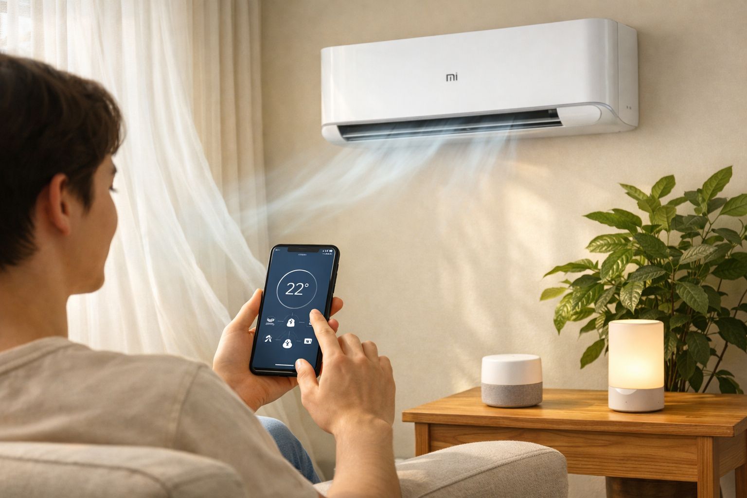 Pessoa controla ar condicionado Xiaomi por smartphone numa sala acolhedora com planta e candeeiro.