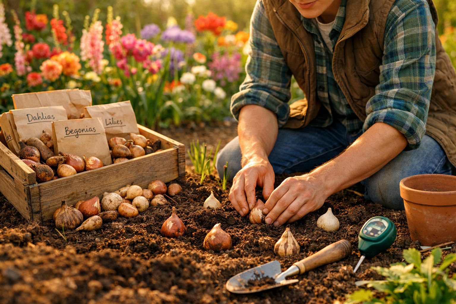 Pessoa a plantar bulbos de flores num jardim com caixa de bulbos etiquetados ao lado.