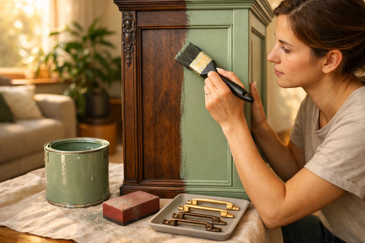Mulher a pintar móvel de madeira com tinta verde, perto de uma lata de tinta e puxadores dourados.