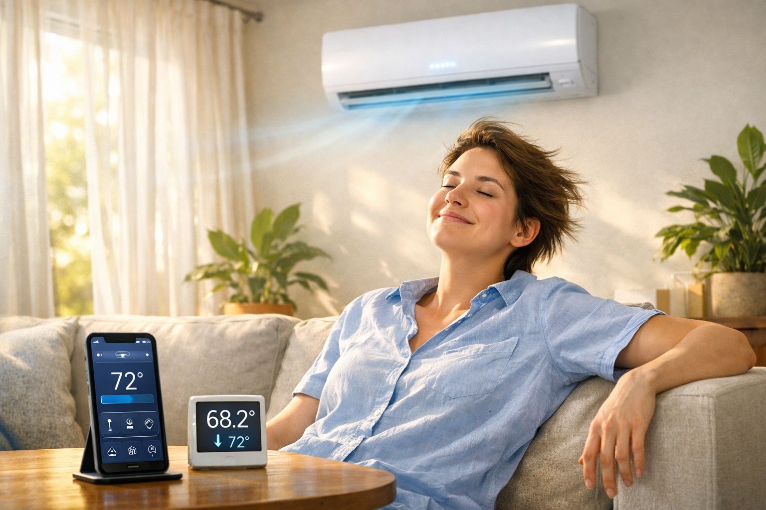 Mulher relaxa num sofá com ar condicionado ligado e dispositivos de controlo de temperatura à sua frente.