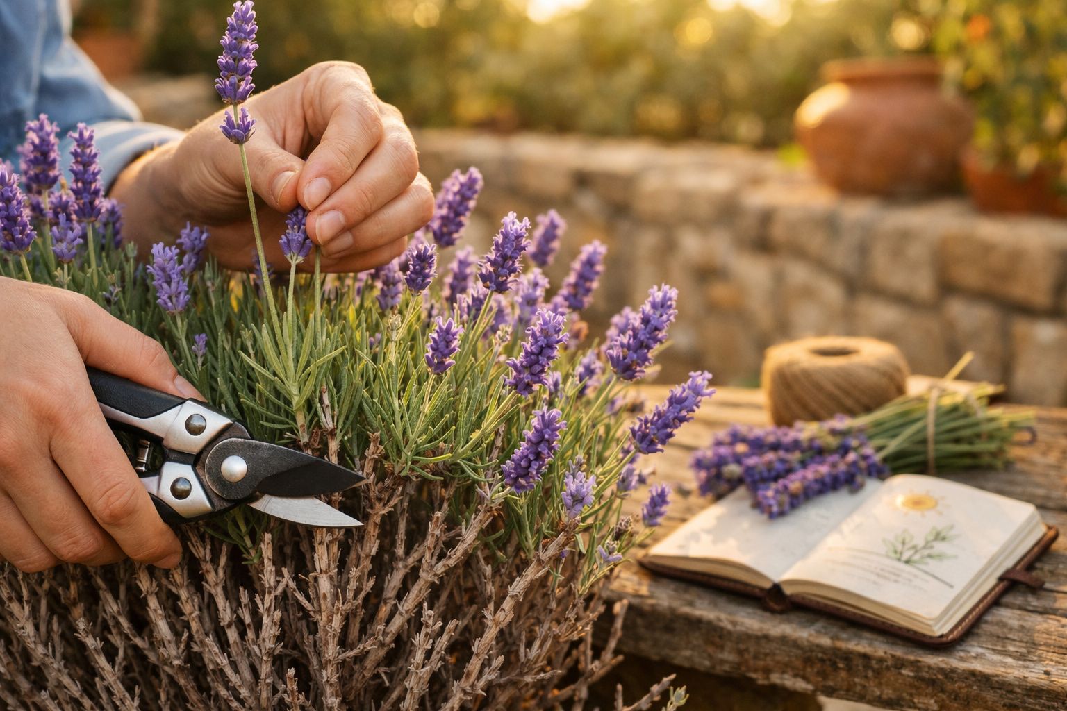 Pessoa a cortar flores de lavanda com tesoura de poda em jardim, livro aberto com ilustrações botânicas ao lado.
