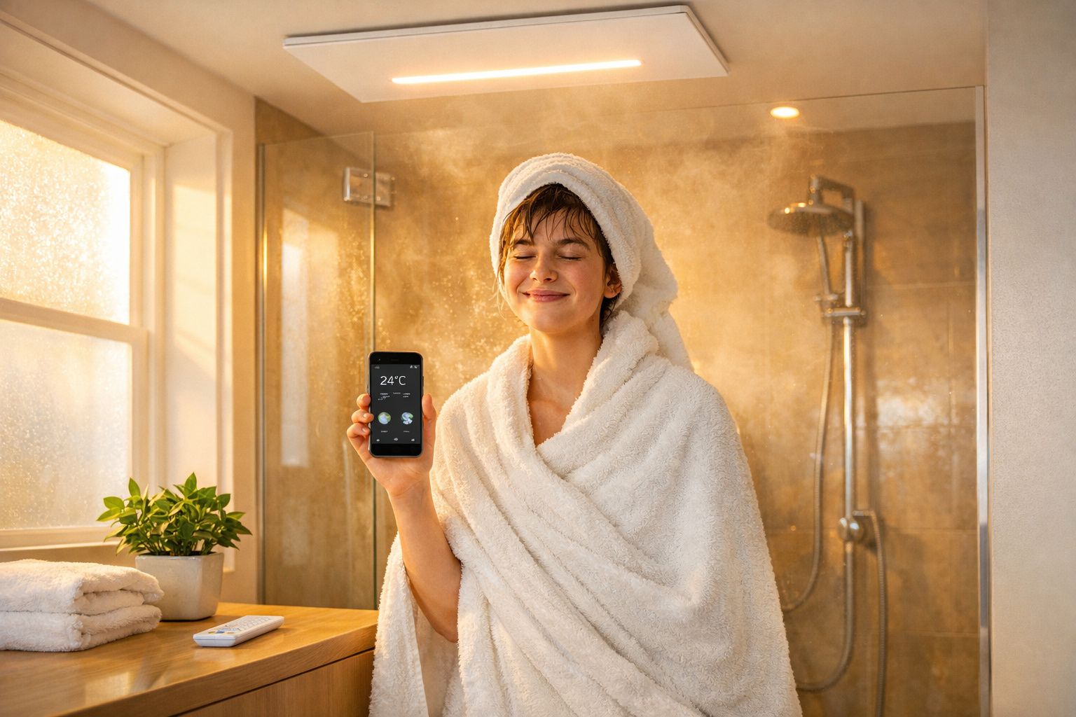 Mulher de roupão e cabelo enrolado mostra smartphone com app de controlo da temperatura na casa de banho.