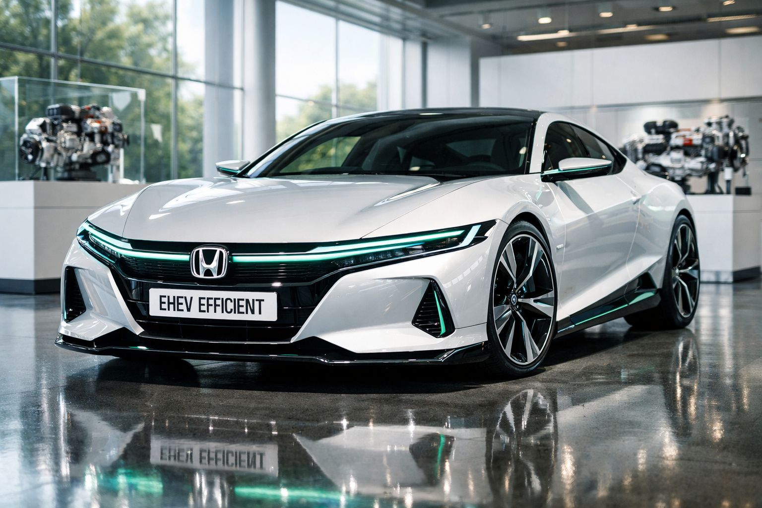 Carro desportivo branco Honda EHEV Efficient estacionado em ambiente interior moderno e brilhante.