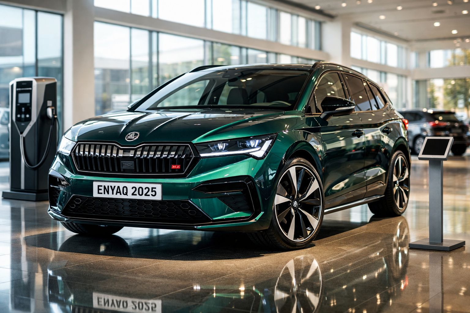 Carro elétrico Skoda Enyaq 2025 verde exposto em concessionária com estação de carregamento ao lado.