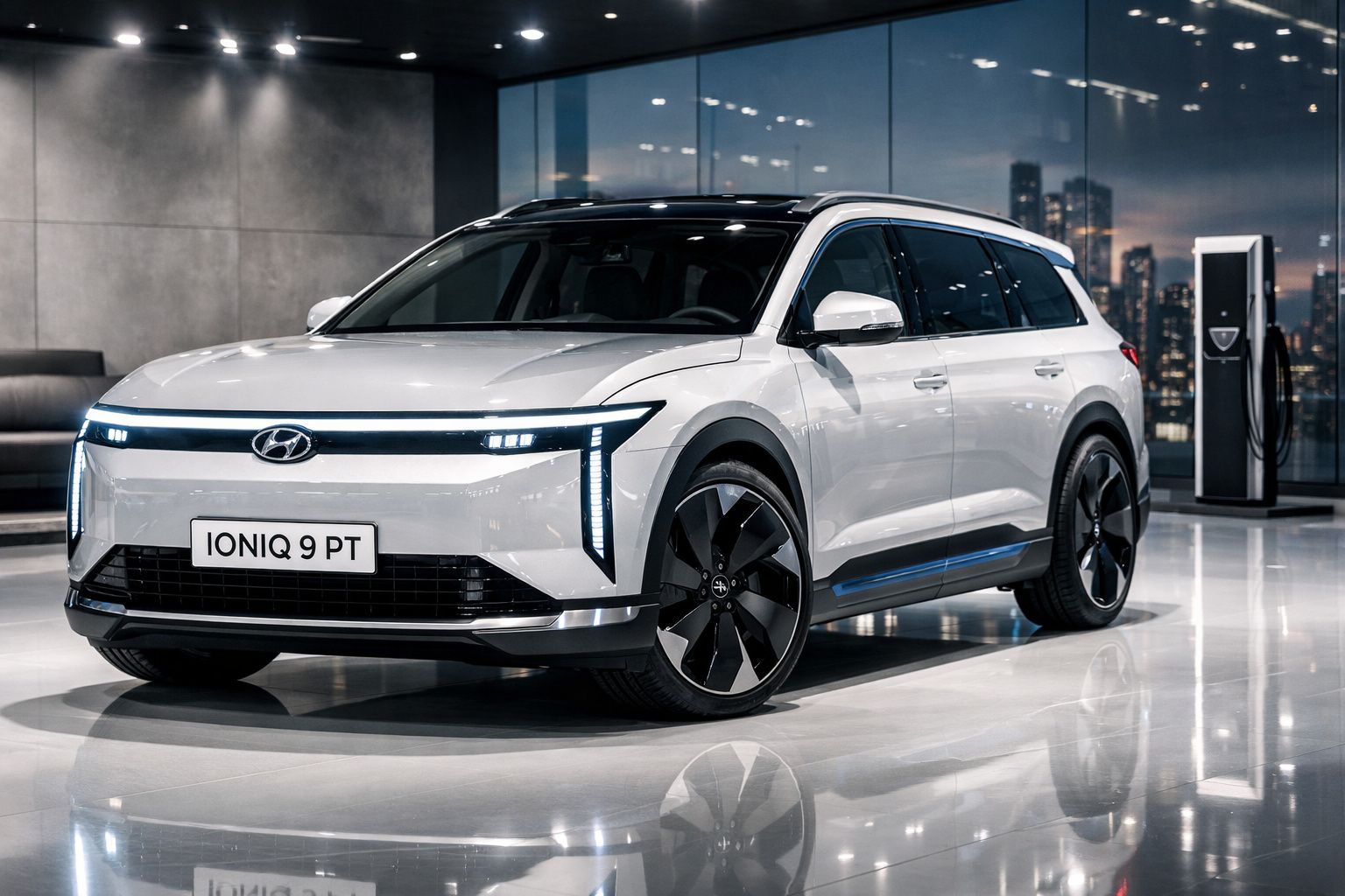 Carro elétrico Hyundai Ioniq 9 PT branco estacionado em interior moderno e iluminado.