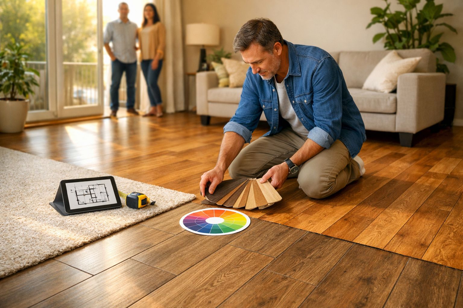 Homem a escolher amostras de cor e madeira para revestimento do chão numa sala moderna.