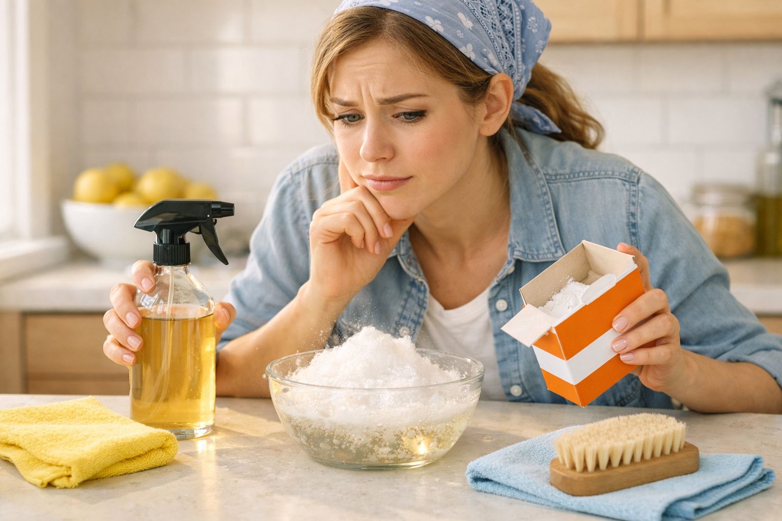 Mulher com dúvida prepara solução de limpeza caseira com bicarbonato, vinagre e pulverizador na cozinha.