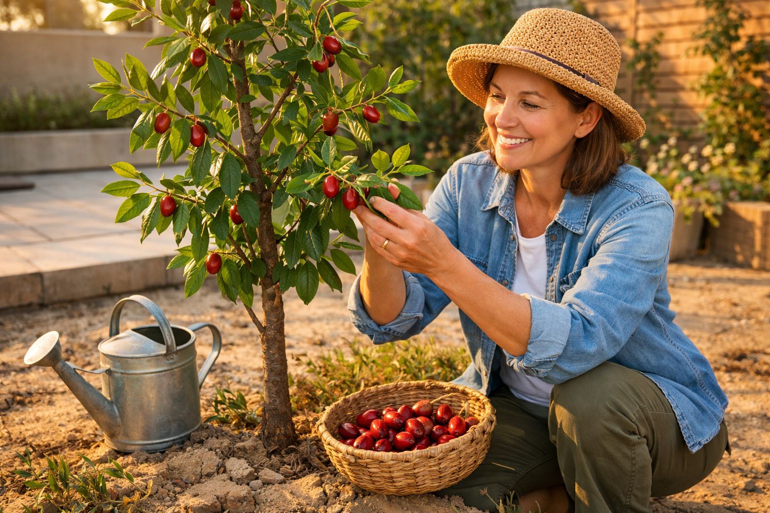 Mulher sorridente apanha frutos vermelhos de árvore no jardim com regador metálico ao lado.
