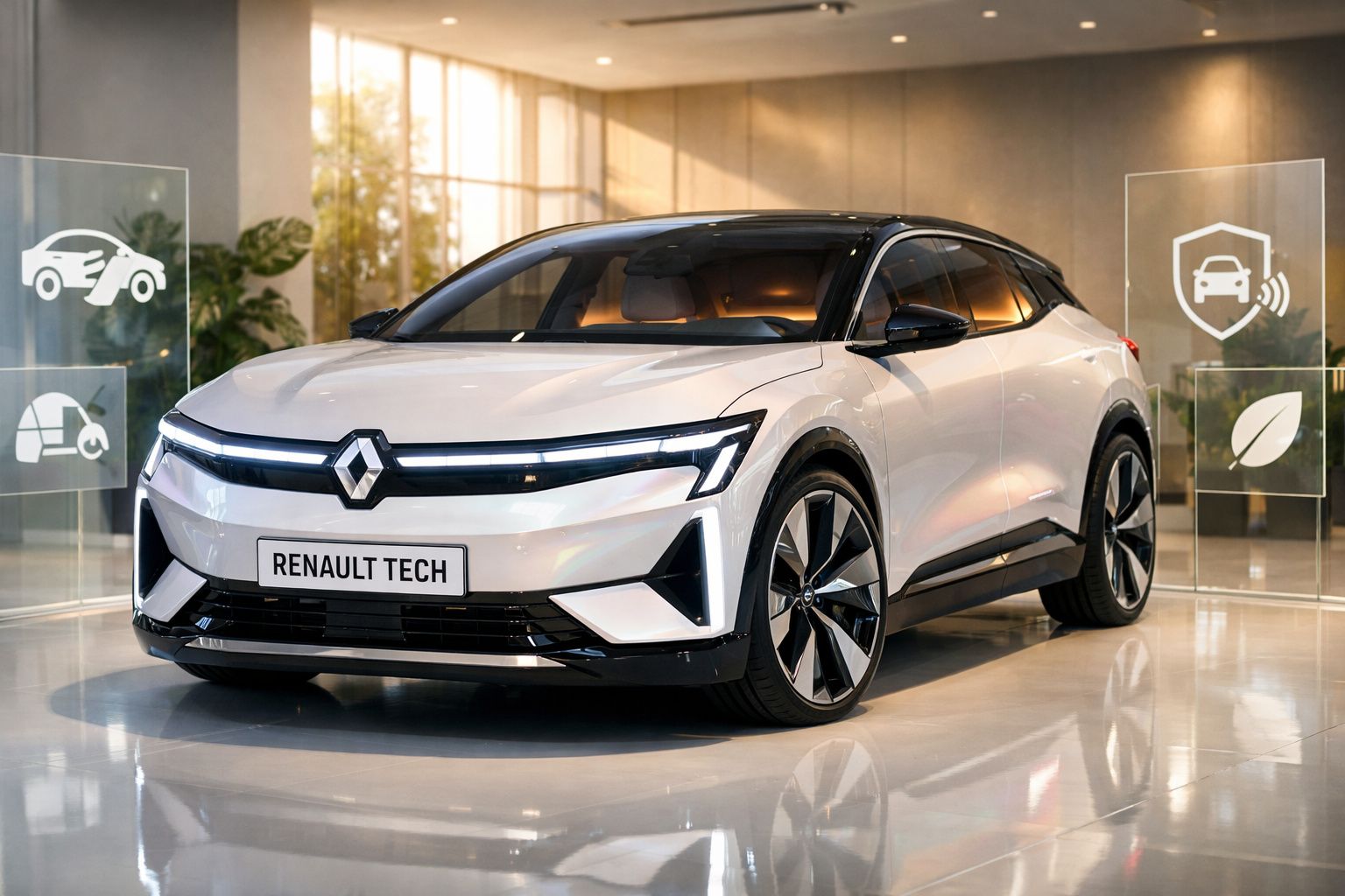 Carro eléctrico branco Renault Tech numa sala moderna com ícones digitais ao redor.