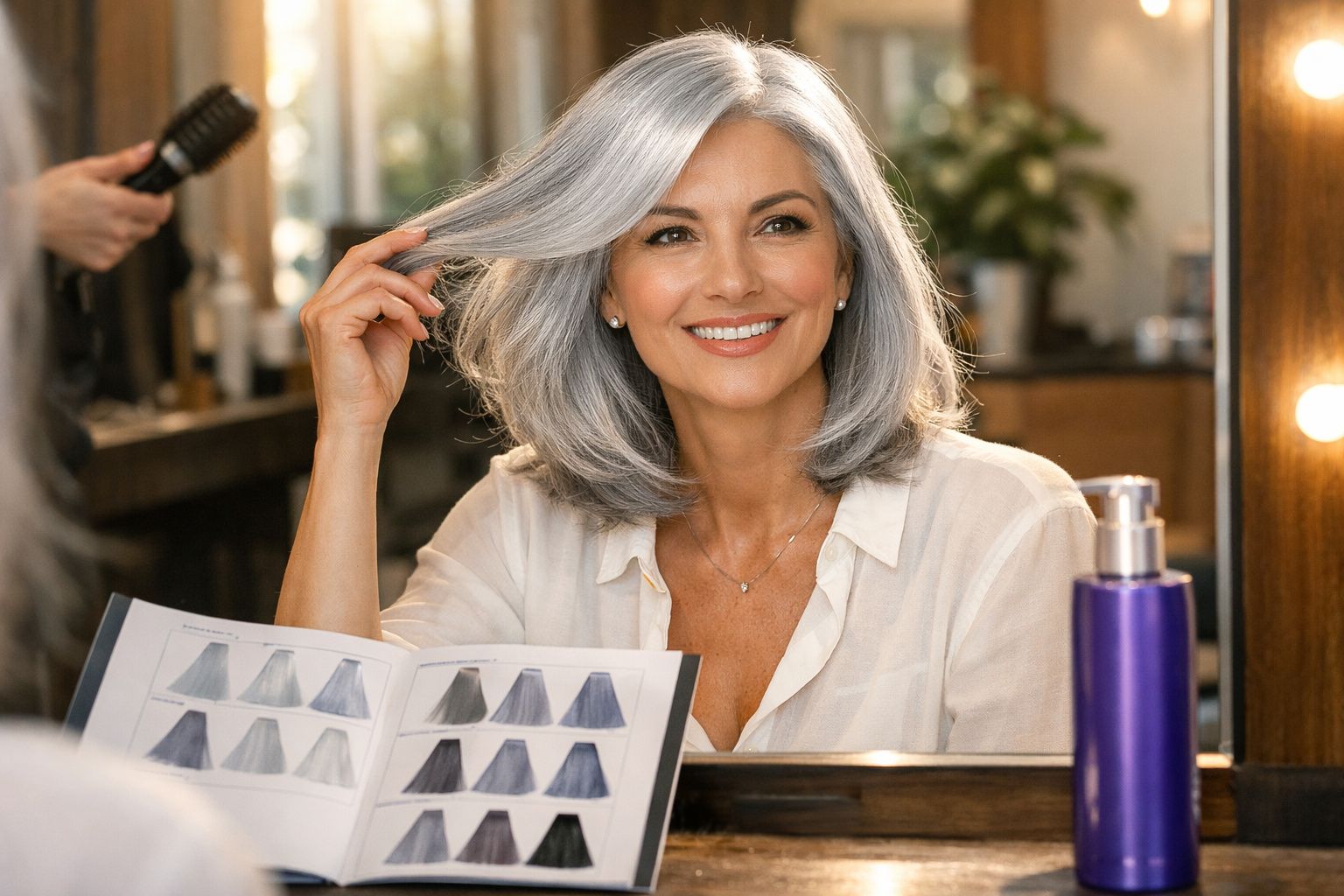 Mulher de cabelos grisalhos sorri sentada em cabeleireiro com catálogo de cores de cabelo aberto à sua frente.