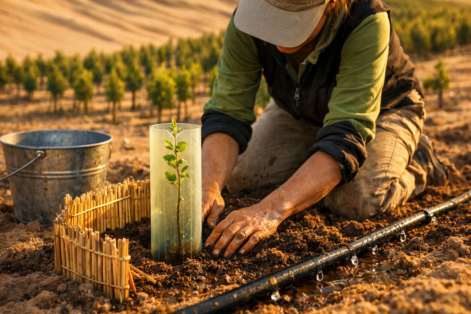 Pessoa a plantar muda protegida por tubo transparente numa horta com sistema de rega por gotejamento.
