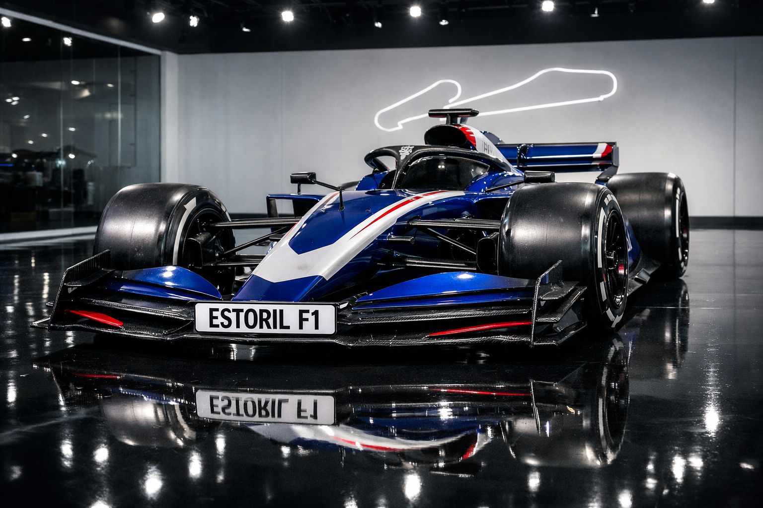 Carro de Fórmula 1 azul, branco e vermelho num salão com placa a dizer Estoril F1 e reflexo no chão preto.