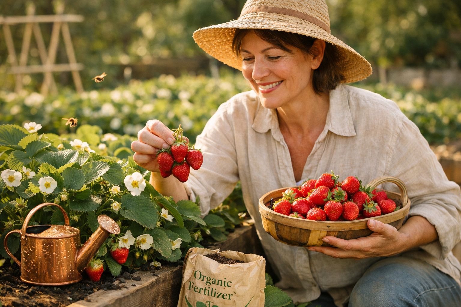 Mulher de chapéu apanha morangos maduros numa plantação, com cesta cheia e regador ao lado.