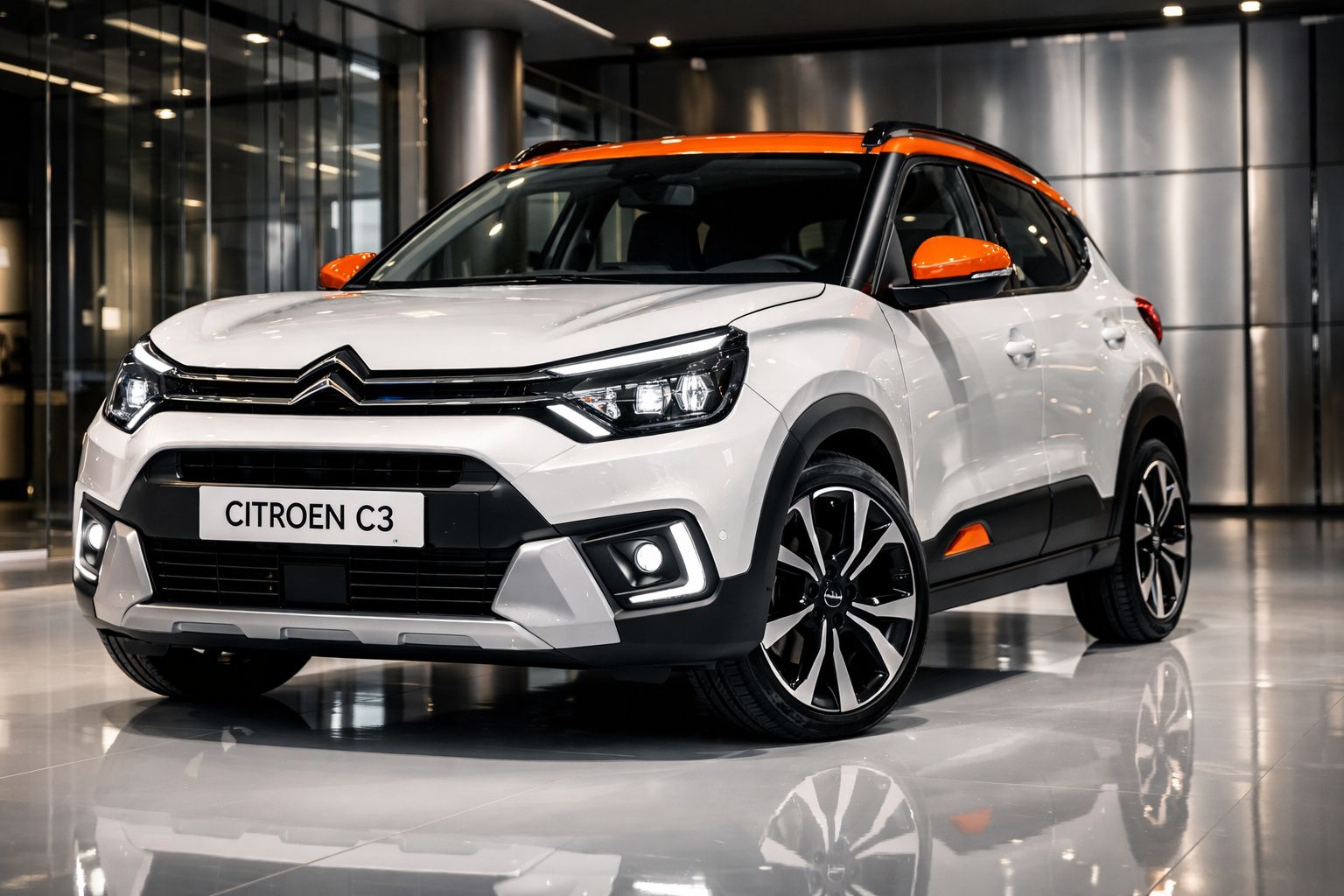 Automóvel Citroën C3 branco com detalhes em laranja, exposto em interior moderno e brilhante.