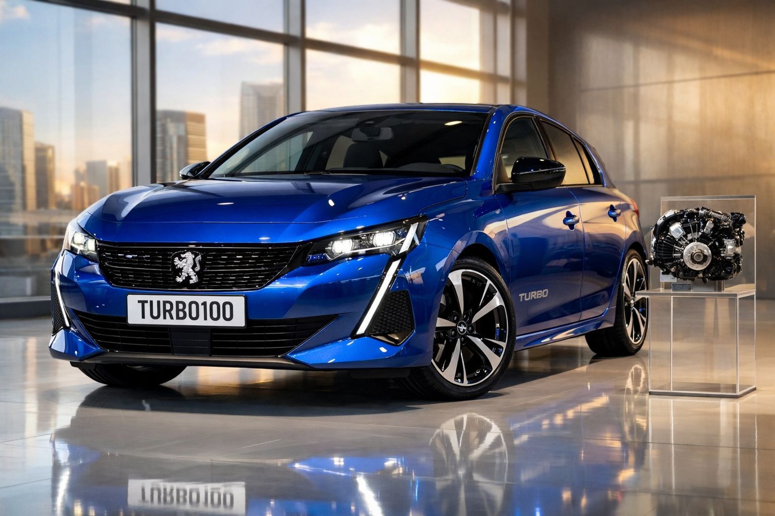 Carro azul Peugeot Turbo100 estacionado em interior moderno, ao lado de motor exposto em pedestal de vidro.