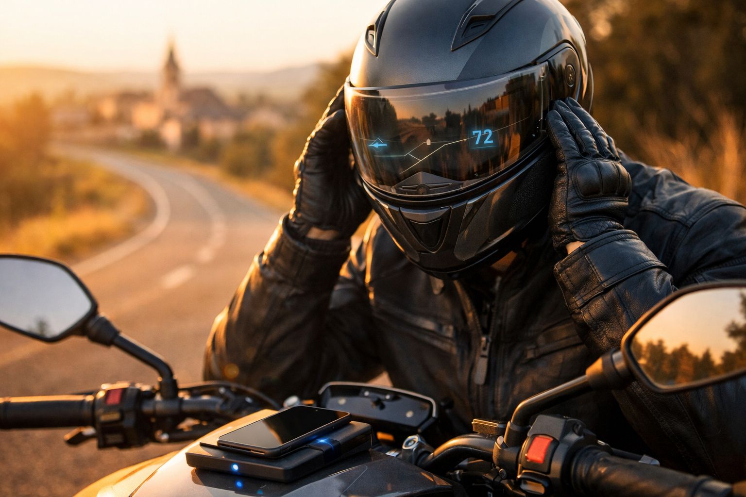 Motociclista com capacete digital e luvas ajusta o equipamento ao pôr do sol numa estrada curva vazia.