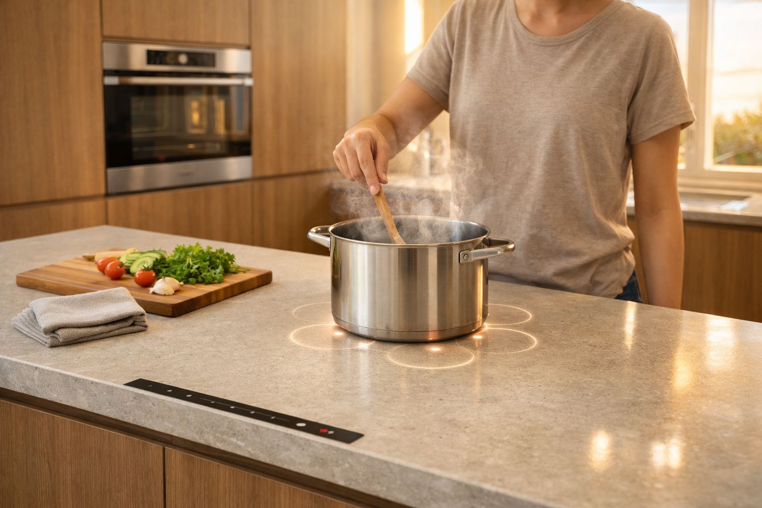 Pessoa a cozinhar numa panela a ferver numa placa de indução numa cozinha moderna com tábua de legumes.