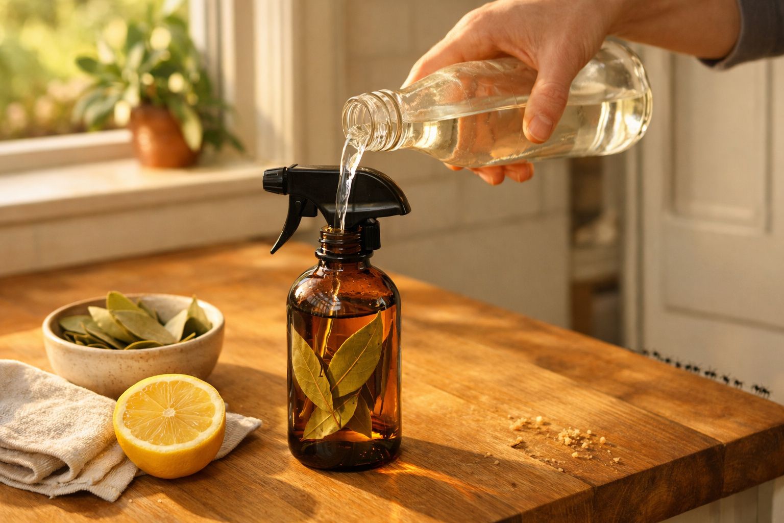 Pessoa a verter líquido numa garrafa pulverizadora castanha com folhas, limão cortado e folhas numa taça ao lado.