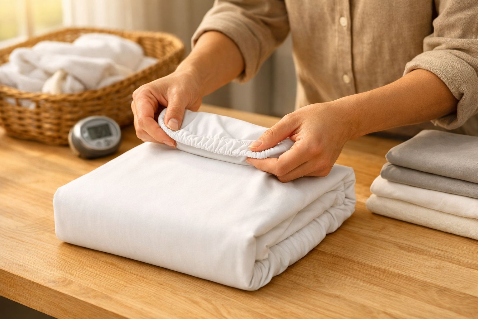 Mãos a dobrar lençol de elástico branco sobre mesa de madeira com roupa arrumada ao lado.