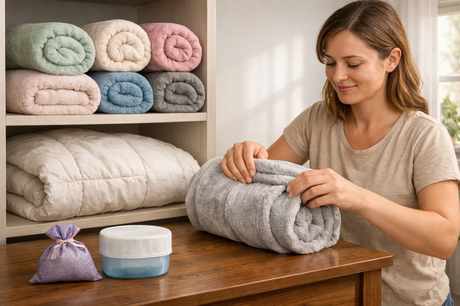 Mulher a enrolar toalha cinzenta felpuda junto a estante com toalhas coloridas e cobertores num ambiente iluminado.