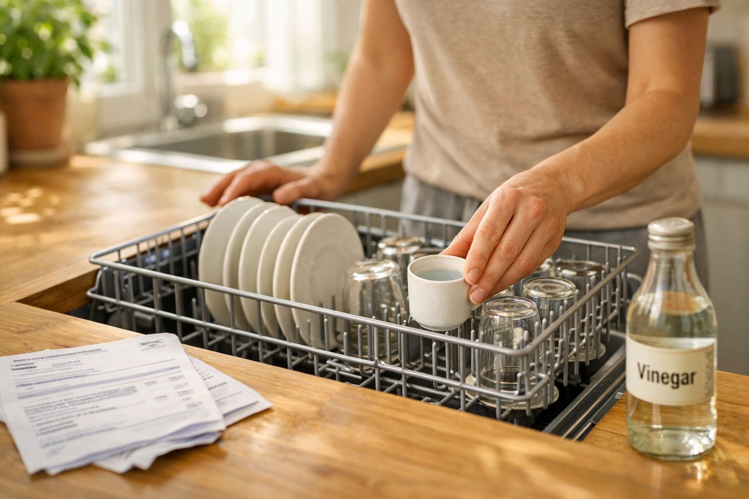 Pessoa a guardar uma chávena no armário junto a pratos, copos e garrafa de vinagre numa cozinha iluminada.