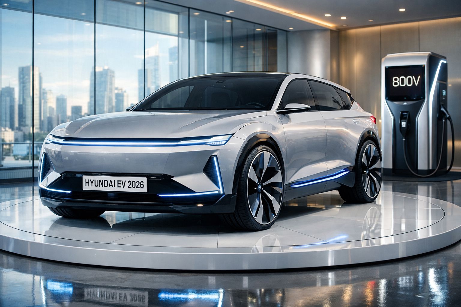 Carro elétrico Hyundai EV 2026 cinzento em exibição numa plataforma com carregador 800V ao lado, em ambiente moderno.