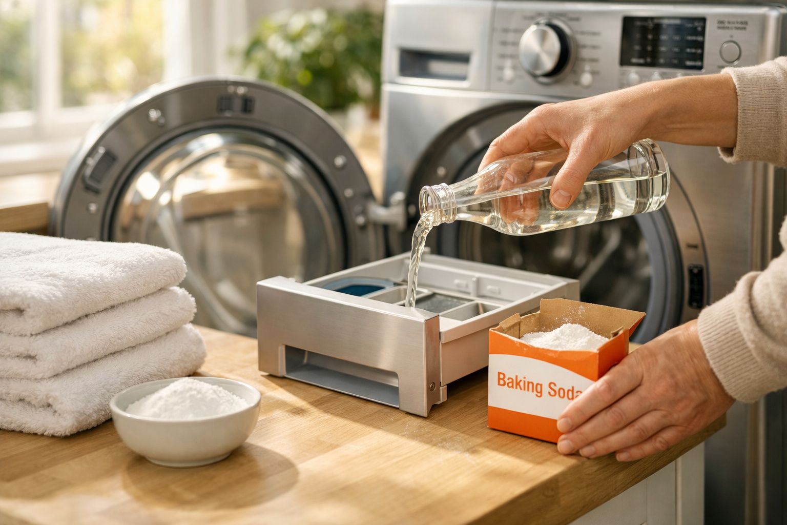 Pessoa a despejar líquido numa gaveta da máquina de lavar com bicarbonato de sódio ao lado e toalhas empilhadas.