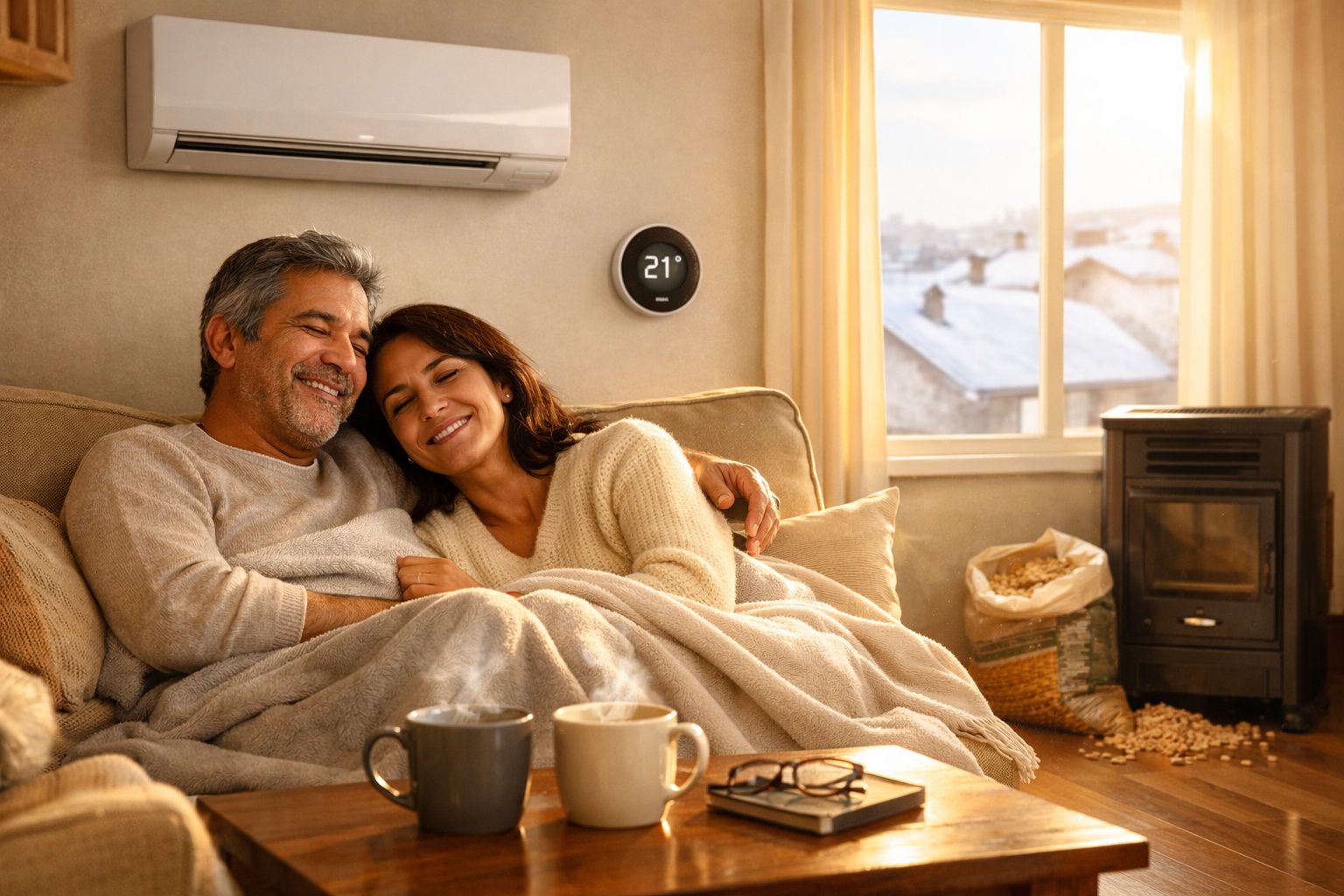 Casal abraçado no sofá com mantas, xícaras na mesa e termóstato a 21 graus na parede de casa aconchegante.