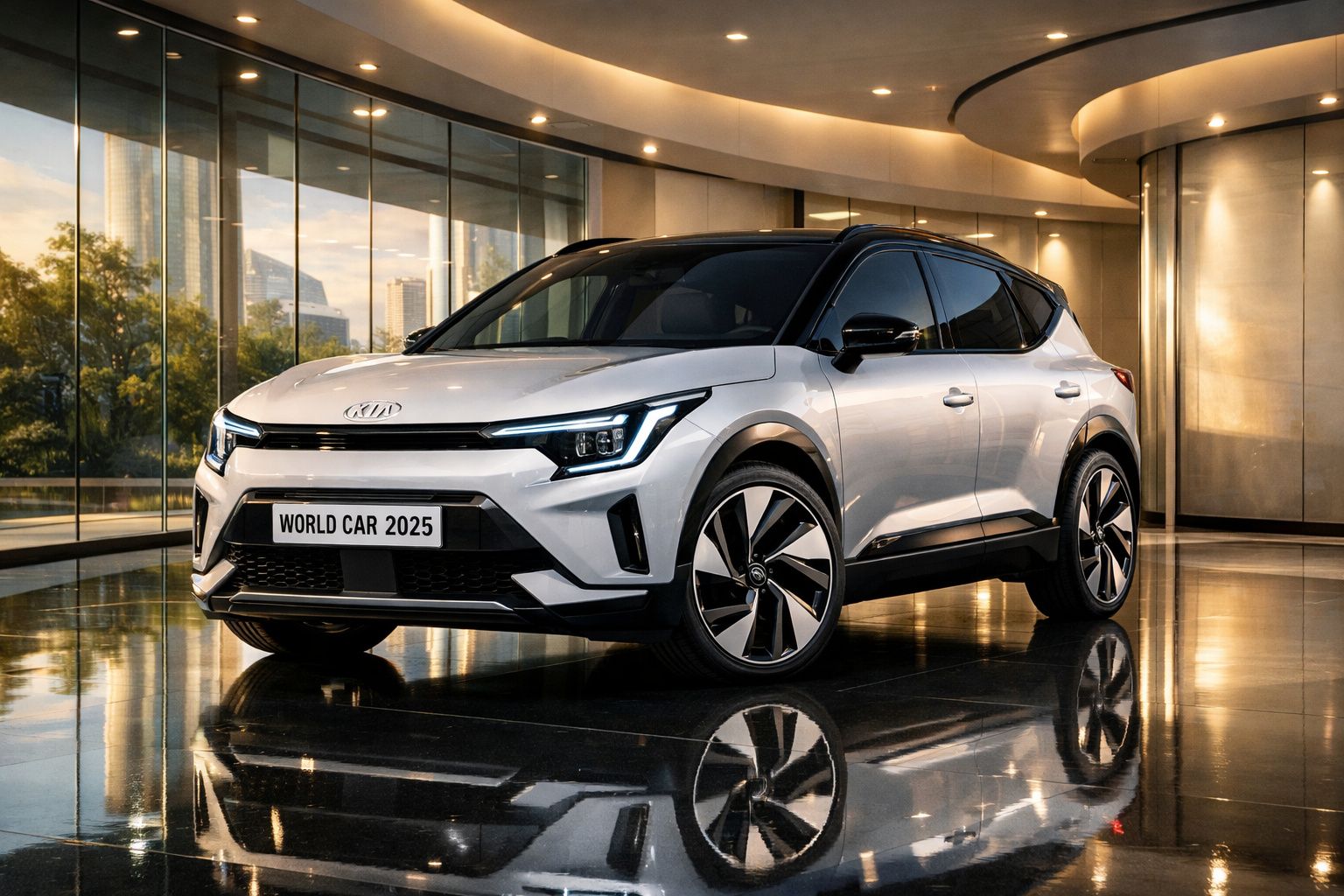 Carro elétrico Kia branco, modelo 2025, em exposição interior com piso espelhado e paredes de vidro.