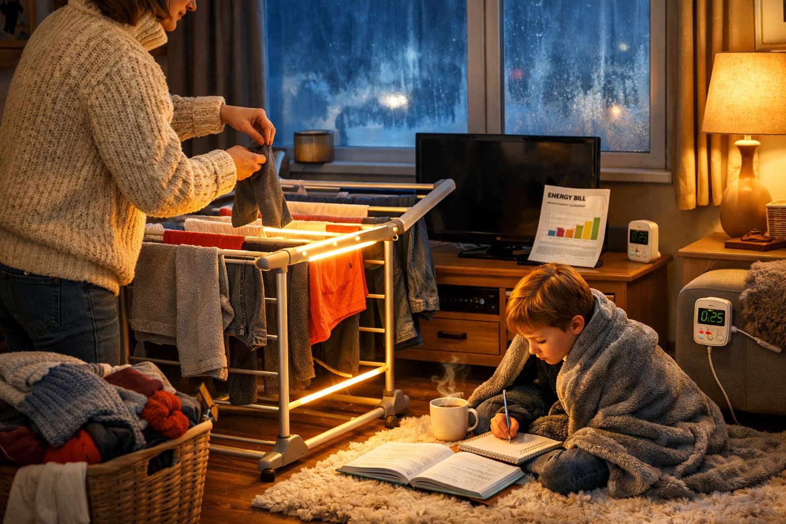 Pessoa a pendurar roupa num estendal interior enquanto criança estudas enrolada em manta junto a bebida quente.